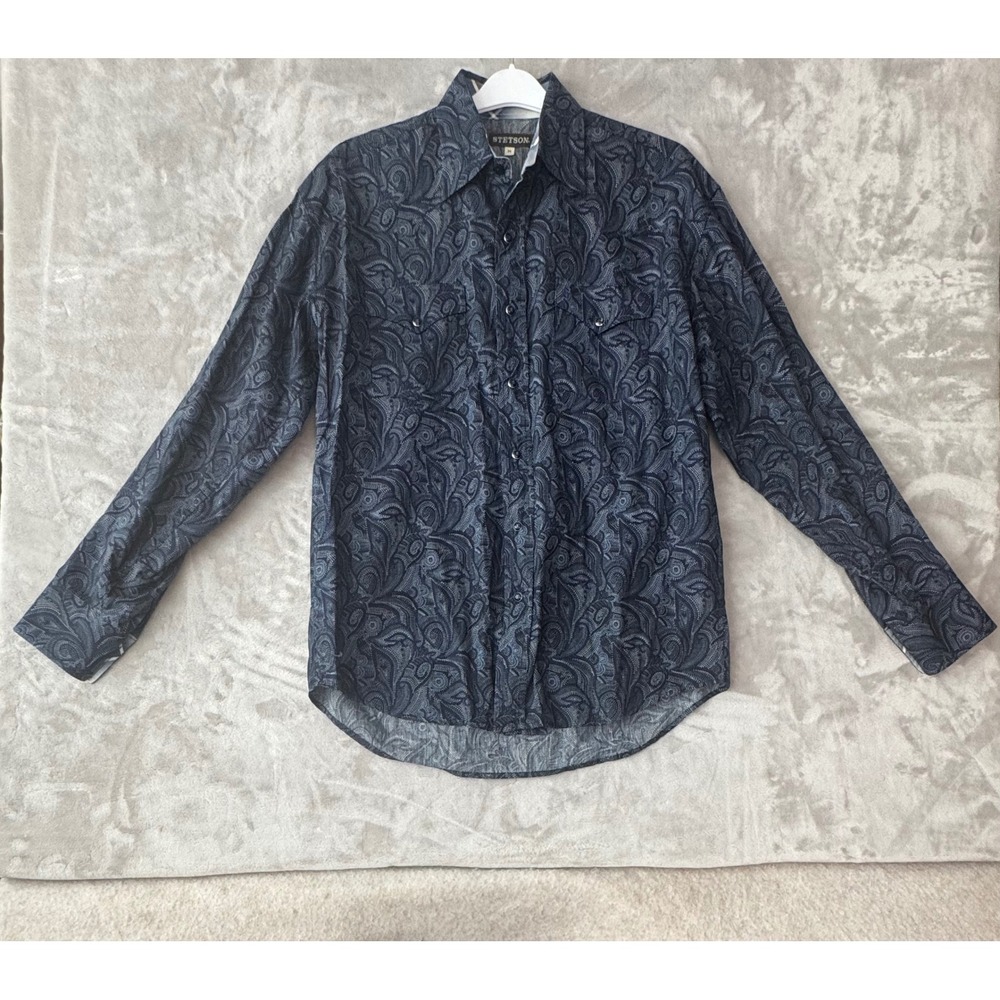 Stetson Mens Navy Blue Paisley Long Sleeve Western Snap Button Shirt Medium